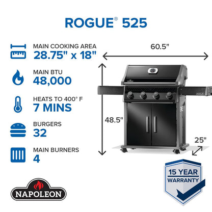 Napoleon Rogue 525 Natural Gas Grill, Black, Stainless Steel Grids, Durable 4-Burner BBQ