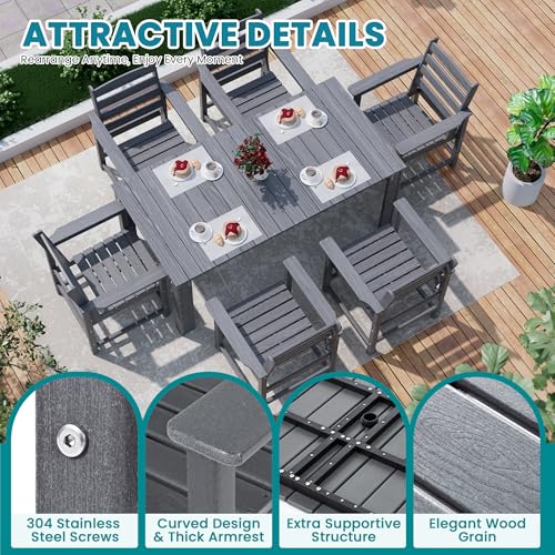 PamapicLife Outdoor HDPE Dining Table Set, 10-Piece Outdoor Dining Table Sets, Wood Grain Patio Furniture Sets with Umbrella Hole for Porch, Backyard, Gray