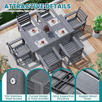 PamapicLife Outdoor HDPE Dining Table Set, 10-Piece Outdoor Dining Table Sets, Wood Grain Patio Furniture Sets with Umbrella Hole for Porch, Backyard, Gray
