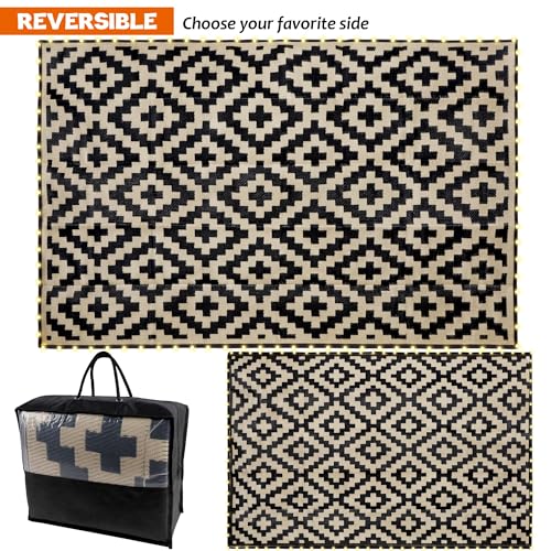 SAND MINE Reversible Mats with Led Strip Lights, Plastic Straw Rug, Modern Area Rug, Large Floor Mat for Outdoors, Patio, Backyard, Deck, Picnic, Camping, Black & Beige, 5' x 8'