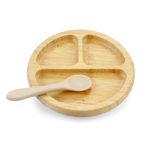 PandaEar Bamboo Suction Plate, Wooden Baby Plates with Silicone Spoons for Toddlers & Kids, Divided Non-Slip Wooden Plate Feeding Supplies