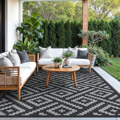 GENIMO Outdoor Rug for Patio Clearance,5'x8' Waterproof Mat,Reversible Plastic Camping Rugs,Rv,Porch,Deck,Camper,Balcony,Backyard,Black & Gray