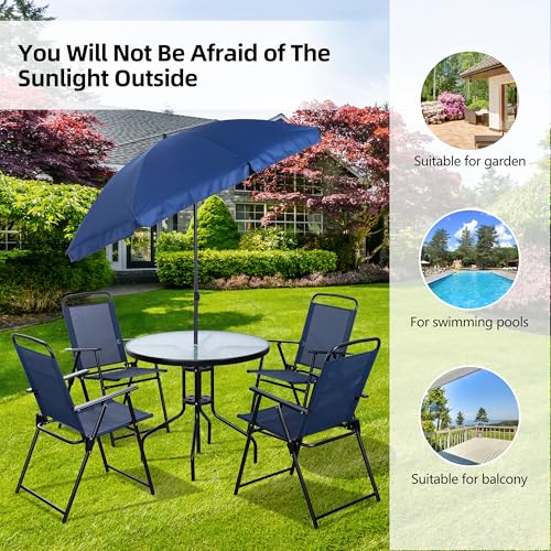 Vongrasig 6 Pieces Folding Patio Dining Set, All Weather Small Metal Outdoor Table and Chair Set, Garden Patio Furniture Set w/Umbrella, Glass Table & 4 Folding Chairs for Lawn, Backyard, Blue