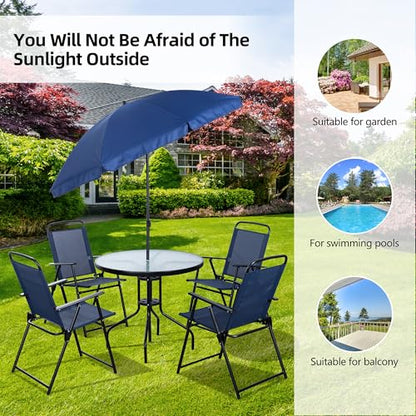 Vongrasig 6 Pieces Folding Patio Dining Set, All Weather Small Metal Outdoor Table and Chair Set, Garden Patio Furniture Set w/Umbrella, Glass Table & 4 Folding Chairs for Lawn, Backyard, Blue