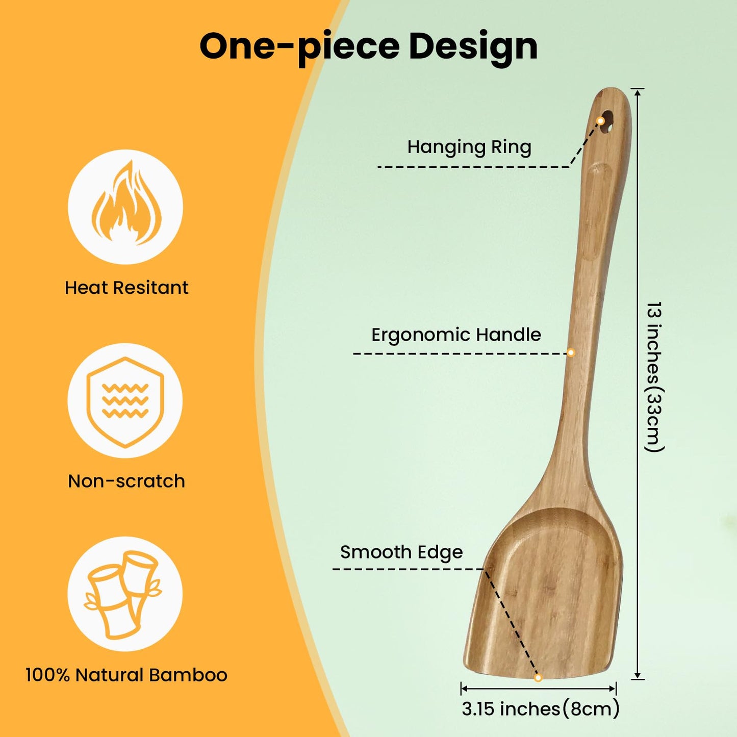 GEEKHOM Bamboo Spatulas for Nonstick Cookware, 13 Inch Wooden Kitchen Utensils, 2 Pack Flat Wood Spatula Turners for Cooking Stirring, Flipper for Pancake, Fish, Egg