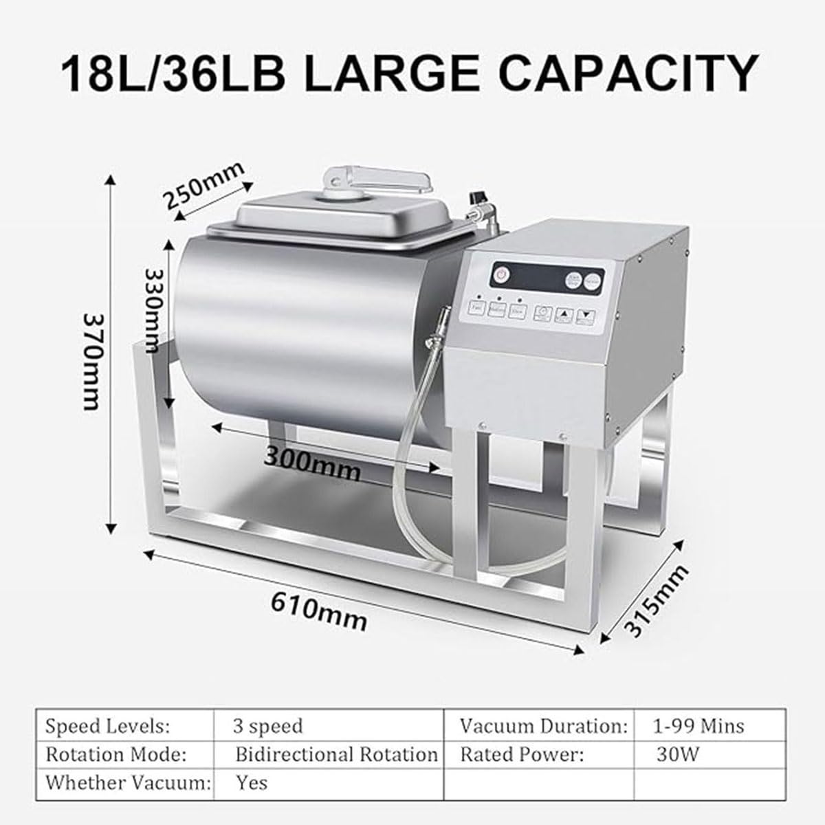 Commercial Vacuum Tumbler Marinator,18L Meat Tumbler Marinating Machine with Bidirectional Rotation,30W Food Mixing Processing,3-Speed Control, 1-99Mins Timing,for Restaurants,Burger Restaurants
