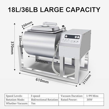 Commercial Vacuum Tumbler Marinator,18L Meat Tumbler Marinating Machine with Bidirectional Rotation,30W Food Mixing Processing,3-Speed Control, 1-99Mins Timing,for Restaurants,Burger Restaurants