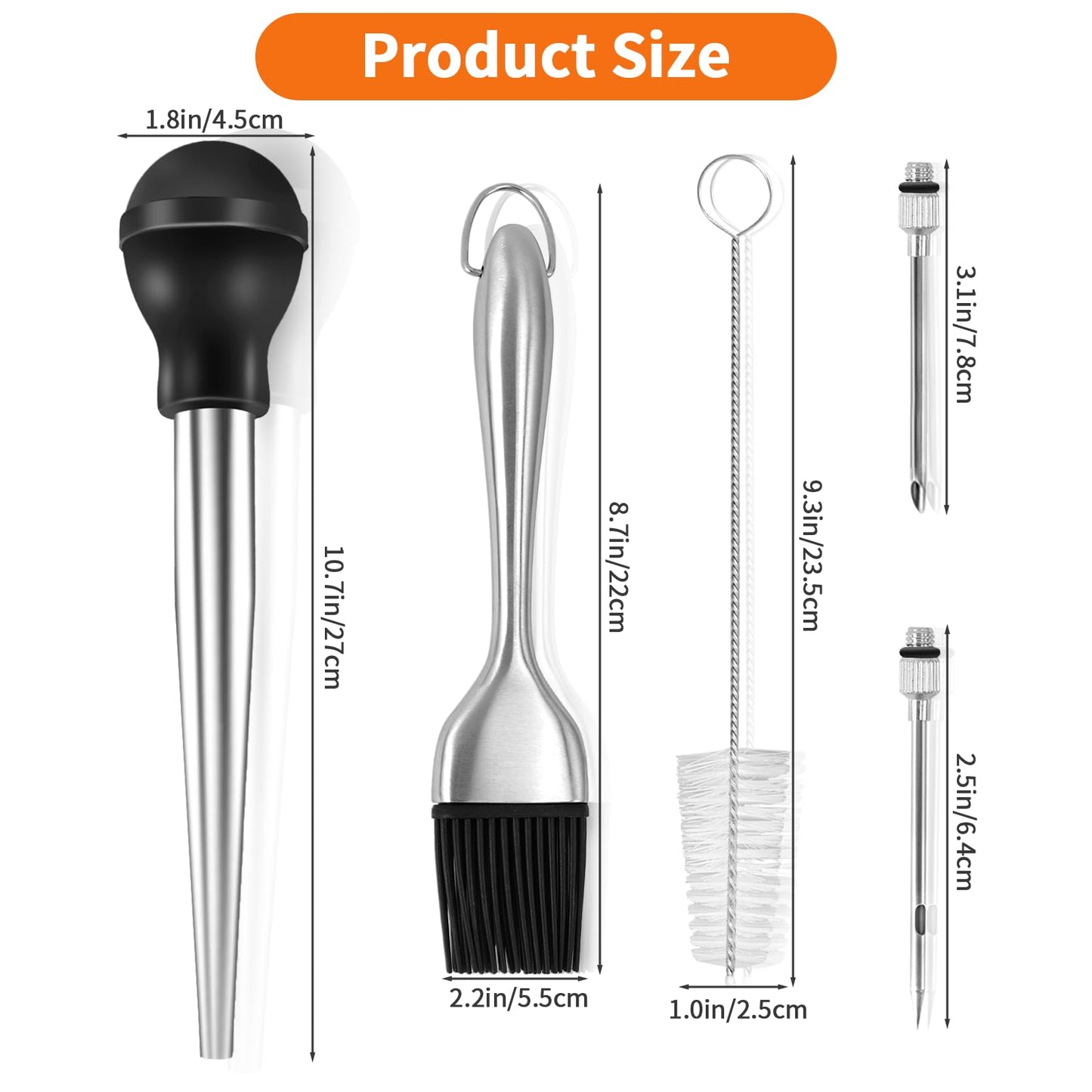 Stainless Steel Turkey Baster, Turkey Basters for Cooking, Turkey Baster Sets -Syringe, 2 Detachable Marinade Injector Needles, Cook and Cleaning Brush, for Flavor Meat Poultry, Beef & Chicken Cooking