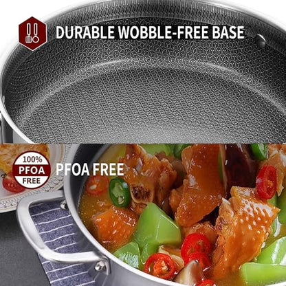 LOLYKITCH 6 QT Large Skillet with Lid, 12 Inch Nonstick Deep Frying Pan, Tri-Ply Stainless Steel Hybrid Saute Pan for Family Meals, Induction Oven Compatible Ceramic Coated, Detachable Handle