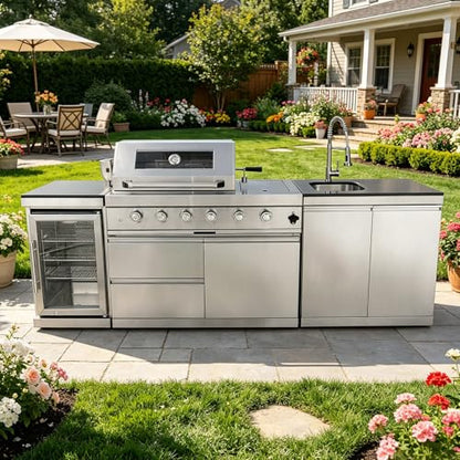 Outdoor Natural Gas Grill Island with Refrigerator, 4 Burner 72,000 BTU BBQ Grill with Side Burner, Infrared Rotisserie, Granite Countertop, Stainless Steel Outdoor Kitchen (Silver+98in)