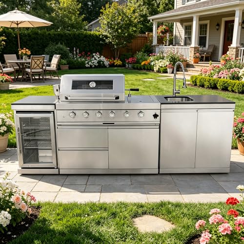Outdoor Natural Gas Grill Island with Refrigerator, 4 Burner 72,000 BTU BBQ Grill with Side Burner, Infrared Rotisserie, Granite Countertop, Stainless Steel Outdoor Kitchen (Silver+98in)