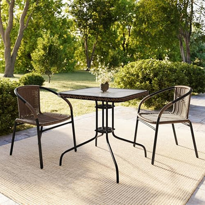 Flash Furniture Lila 3-Piece 28" Square Indoor/Outdoor Patio Table and Chairs Set, Glass Metal Bistro Table and 2 Stacking Rattan Chairs, Brown