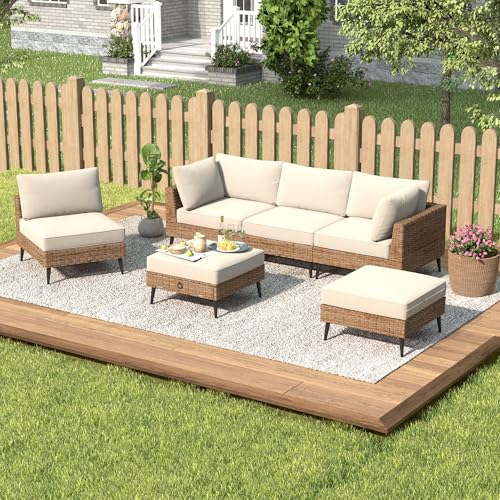 LVUYOYO 6 Pieces Outdoor Patio Furniture Set, Wicker Sectional Sofa Set
