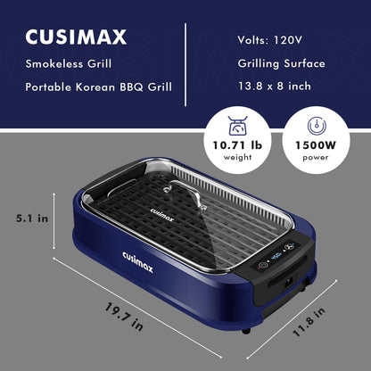 Indoor Grill CUSIMAX Electric Smokeless Grill Portable Korean BBQ Grill with Turbo Smoke Extractor Technology, Non-stick Removable Plate, Tempered Glass Lid, Great for Party(Single Plate)