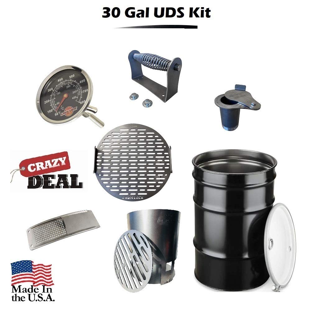 LavaLock DIY 30 Gallon Premium UDS Smoker Kit COMPLETE with DRUM, Charcoal Basket, Cooking Grate, Intake, Smoke Stack, Thermometer, Lid Handle UDS KIT