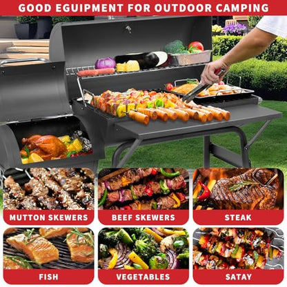 Kendane Barrel Charcoal Grill with offset smoker,550 Square Inches Cooking Area, Outdoor BBQ Grill with Front Shelf, Perfect for Backyard, Patio Parties and Picnics.