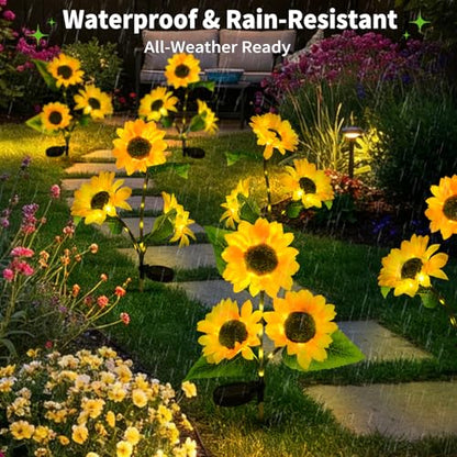 ILLUMINEW 4-Pack Solar Sunflower Garden Decor, 12 LED Flower Stake Lights - Waterproof Long-Lasting Outdoor Solar Patio Decor for Lawn, Yard & Pathway