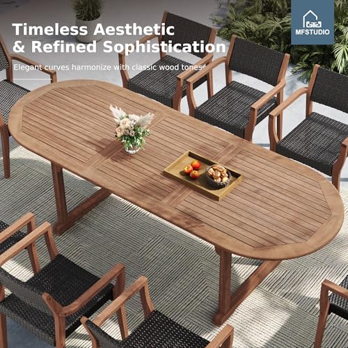 MFSTUDIO Teak Outdoor Dining Set for 8, Outdoor Wood Table and Chairs, 9 Pieces Outdoor Dining Table Set with Rattan Chairs, Wood Patio Dining Furniture Expandable Table for 8