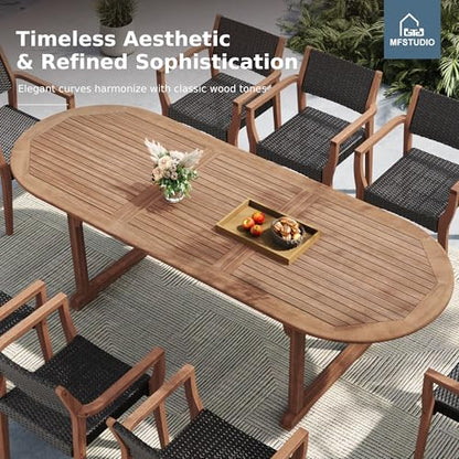 MFSTUDIO Teak Outdoor Dining Set for 8, Outdoor Wood Table and Chairs, 9 Pieces Outdoor Dining Table Set with Rattan Chairs, Wood Patio Dining Furniture Expandable Table for 8