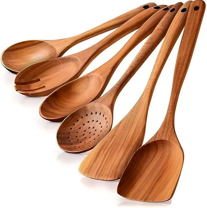 Vensure Wooden Spoons for Cooking 6 Pcs – Wooden Kitchen Utensils Set, Teak Wood Utensil Set – Comfortable Grip Non–Stick Wooden Cooking Utensil – Nonstick Natural and Healthy Kitchen Cookware