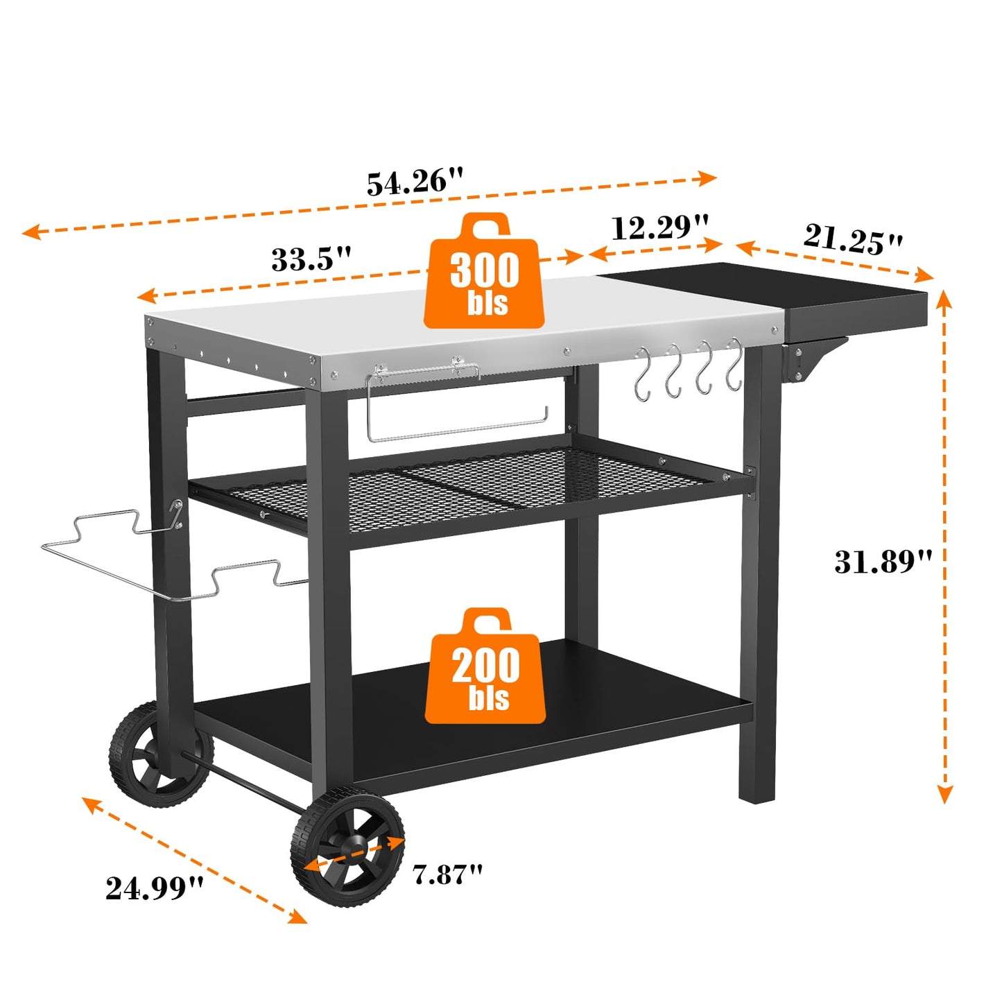 GRILL FORCE Grill Cart, Outdoor Grill Table, Pizza Oven Stand, Three-Shelf BBQ Table, Movable Dining Cart with Drawer, Fits for Ninja Woodfire Grill, Blackstone Griddle,Tabletop Grill