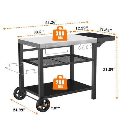 GRILL FORCE Grill Cart, Outdoor Grill Table, Pizza Oven Stand, Three-Shelf BBQ Table, Movable Dining Cart with Drawer, Fits for Ninja Woodfire Grill, Blackstone Griddle,Tabletop Grill