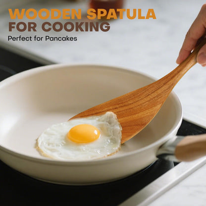 Flat Wood Spatula, EOHASA 12 inch Non Toxic Wooden Spatula for Cooking, Handcrafted Teak Wood Curved Turner Spurtle for Non Stick Pan, Safe Long Handle Cooking Utensils - Scraper for Kitchen Use