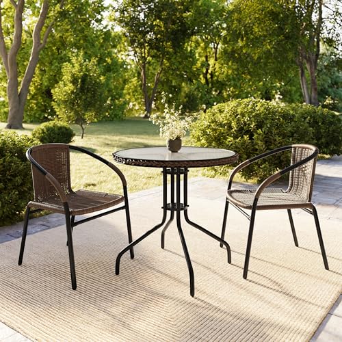 Flash Furniture Lila 28'' Round Glass Metal Table with Dark Brown Rattan Edging and 2 Dark Brown Rattan Stack Chairs