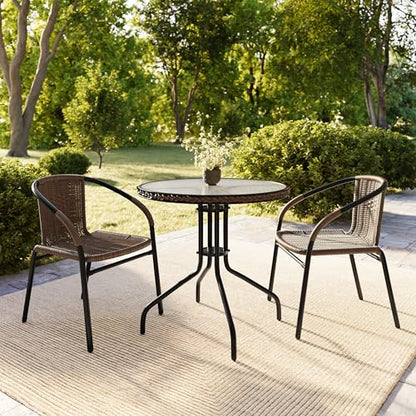 Flash Furniture Lila 28'' Round Glass Metal Table with Dark Brown Rattan Edging and 2 Dark Brown Rattan Stack Chairs