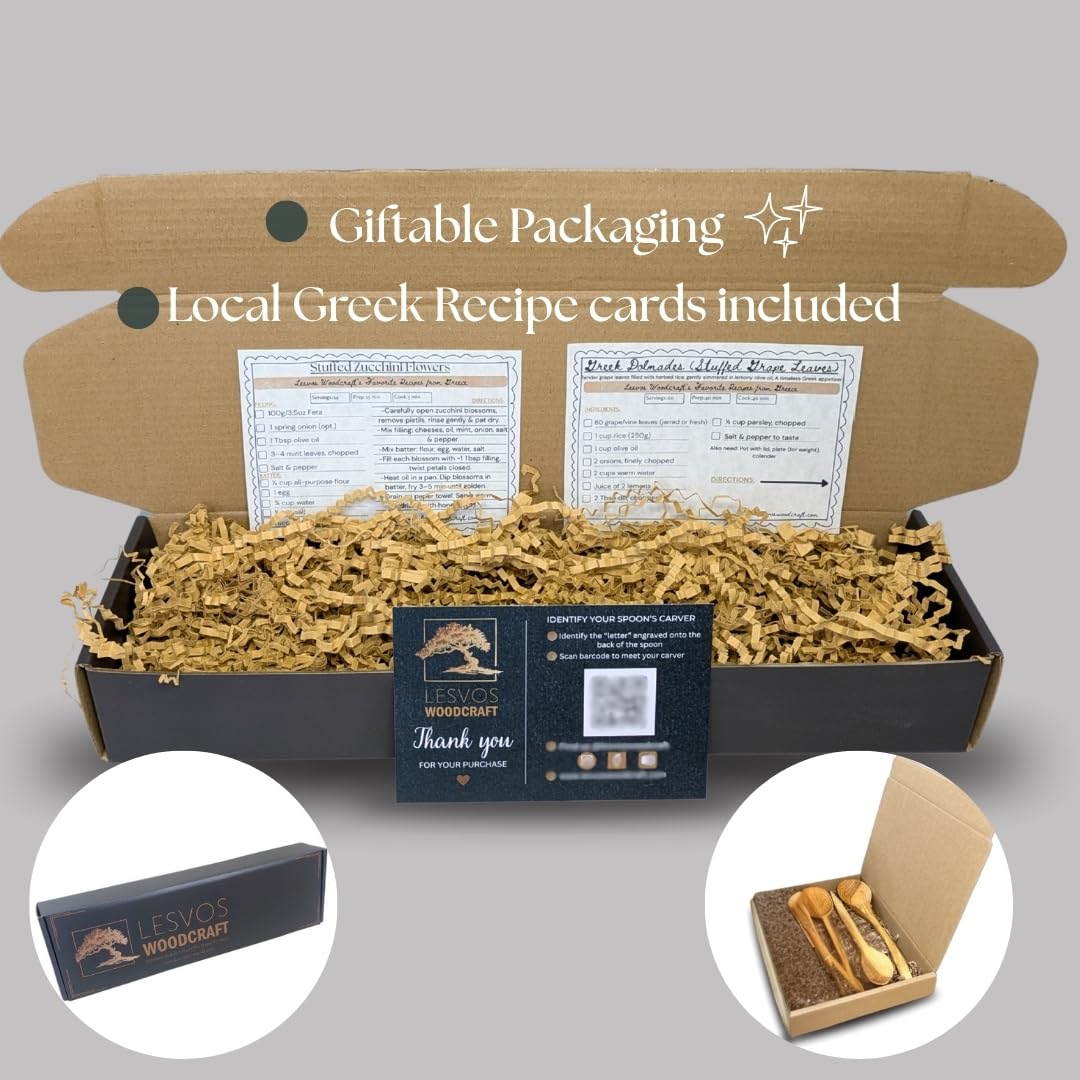 Premium Olive Wood Cooking Utensil Set - 5-Piece Artisan Cooking and Serving Utensil Bundle, Olive Wood Utensils, Fair-Trade, Handcrafted, Includes 2 Greek Recipes - LESVOS WOODCRAFT