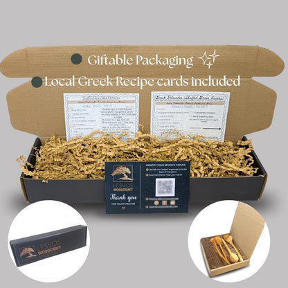 Premium Olive Wood Cooking Utensil Set - 5-Piece Artisan Cooking and Serving Utensil Bundle, Olive Wood Utensils, Fair-Trade, Handcrafted, Includes 2 Greek Recipes - LESVOS WOODCRAFT