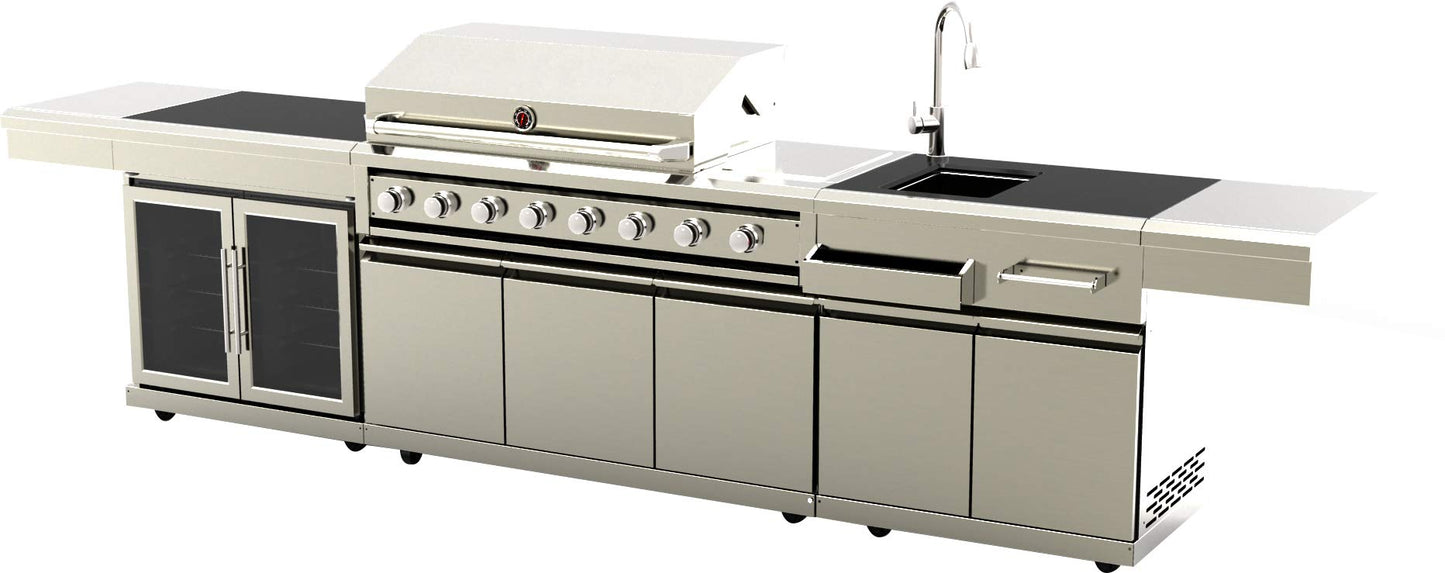 MCP Island Grills Modular 3 Piece Island Electric and Propane or Natural Gas BBQ Outdoor Stainless Steel Grill Kitchen, with Double Wine Refrigerator, Sink, Rotisserie, Black Marble Top and FREE Protective Canvas Cover, 08BF-DF
