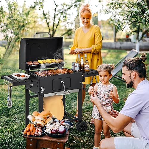 HAPPYGRILL Charcoal Grill, Heavy Duty Cooking Grill with 2 Foldable Side Tables, 8 Hooks, Storage Shelf, 2 Wheels, Flame Control, Outdoor BBQ Grill for Picnic Party Camping Backyard Patio