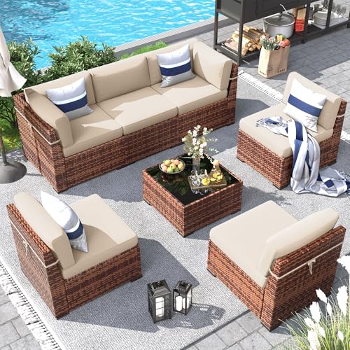 Poteban Patio Furniture Set, 7 Pieces Outdoor Modular Conversation Set Wicker Sectional Sofa for All Weather Rattan Patio Couch for Porch Garden Backyard Balcony Poolside (Khaki)
