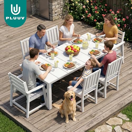 PLUUV 7-Piece Outdoor Patio Dining Set, All-Weather HDPE Dining Furniture Set with Umbrella Hole Cut-Out Table, Aluminum Table Legs, and 6 Chairs, Waterproof & Easy Clean for Backyard, Garden, White