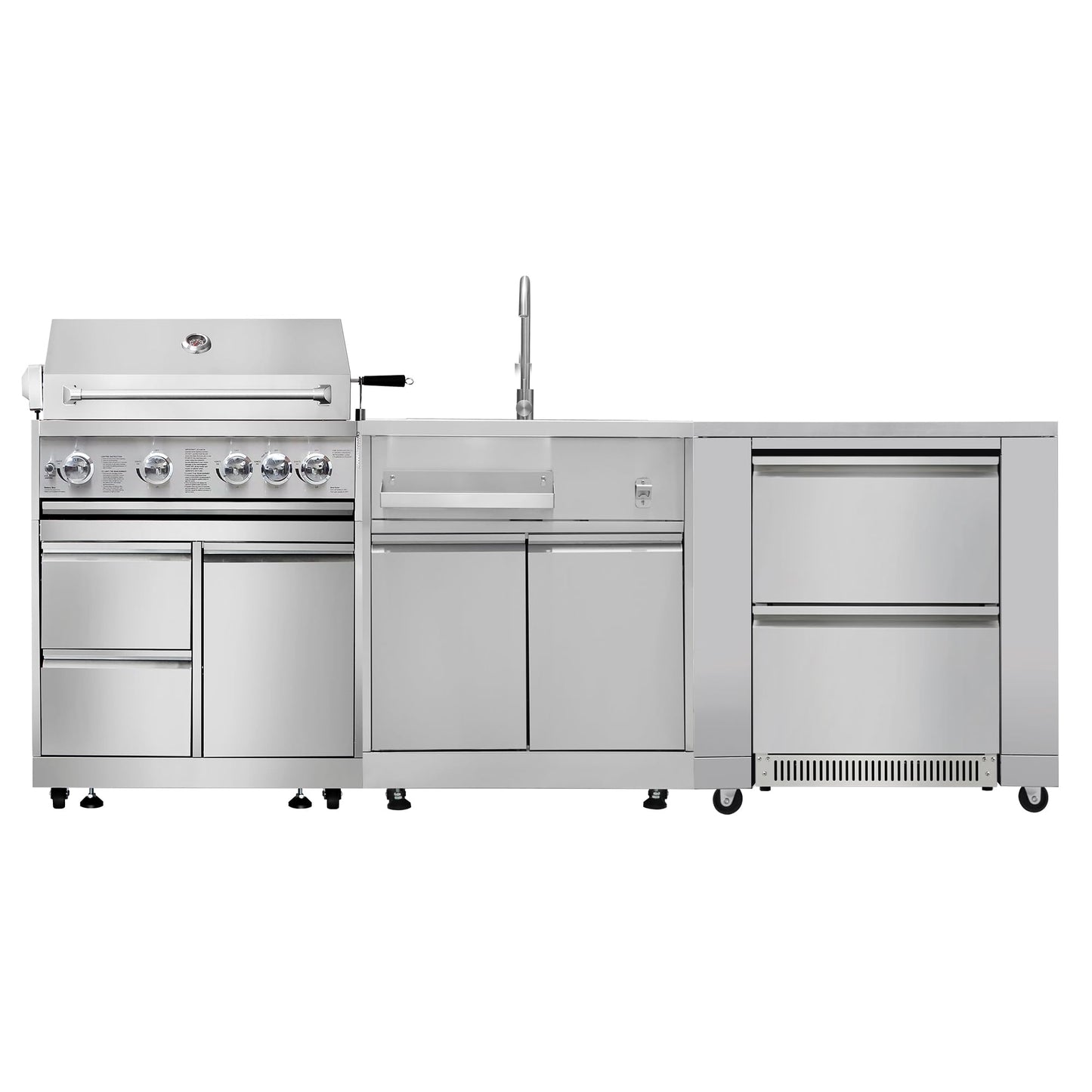 CT Copper Tailor 5-Piece Outdoor Kitchen Package BBQ Gas Grill Island, 32" Built-in Grill 4 Burners Cabinet Style, Kitchen Sink, 4.2 cu.ft Dual Drawer Fridge, Fridge & Cooler Cabinet (Liquid Propane)