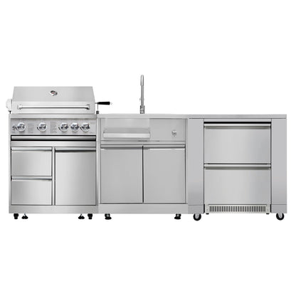CT Copper Tailor 5-Piece Outdoor Kitchen Package BBQ Gas Grill Island, 32" Built-in Grill 4 Burners Cabinet Style, Kitchen Sink, 4.2 cu.ft Dual Drawer Fridge, Fridge & Cooler Cabinet (Liquid Propane)