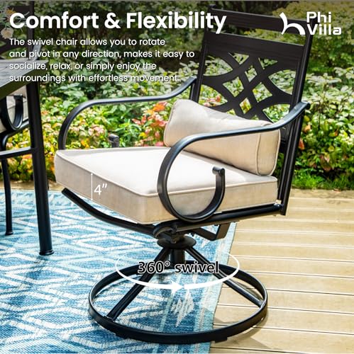PHI VILLA 7 Pieces Outdoor Dining Set for 6, 54" Round Black Metal Table & Wrought Iron Swivel Chairs, Rustproof Large Outside Furniture with Cushions & Pillows for Patio, Deck, Porch