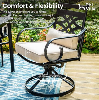 PHI VILLA 7 Pieces Outdoor Dining Set for 6, 54" Round Black Metal Table & Wrought Iron Swivel Chairs, Rustproof Large Outside Furniture with Cushions & Pillows for Patio, Deck, Porch
