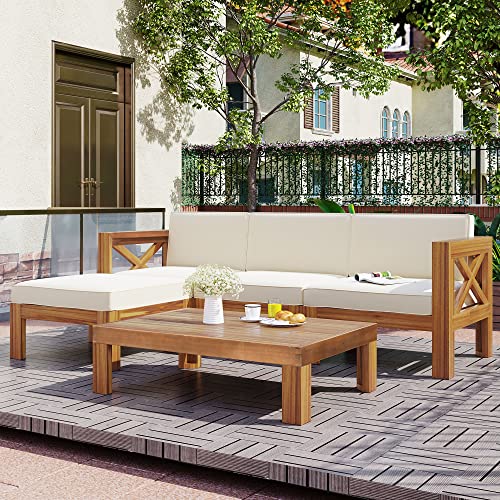 Outdoor Sectional Sofa Set, 5-Piece Acacia Wood Patio Couch with Table