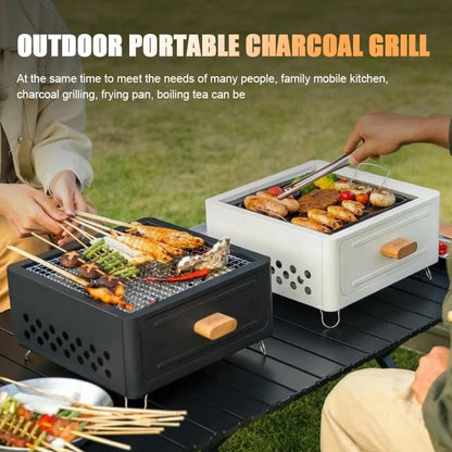 Portable Charcoal BBQ Grill Stove – Smokeless Outdoor Cooking for Camping & Tailgating, Yakitori Grill, Skewers, Easy Drawer Style, Pan and Grill Included