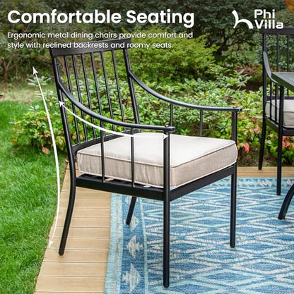 PHI VILLA 9 Pieces Outdoor Dining Set for 8, 60” Square Wrought Iron Dining Table & Heavy-Duty Steel Chairs with Cushions, Large Dining Furniture Set for Patio, Deck, Yard, Porch
