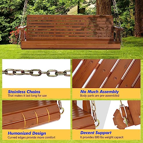VINGLI Upgraded Patio Wooden Porch Swing for Courtyard & Garden, Heavy Duty 880 LBS Swing Chair Bench with Hanging Chains for Outdoors (Brown, 5 FT)