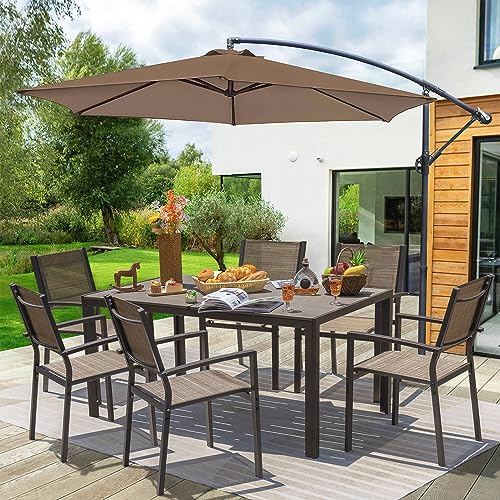 Greesum 7 Piece Outdoor Dining Set Patio Furniture with Rectangular Table & 6 Stackable Chairs Family Conversation for Garden Backyard Deck, Brown