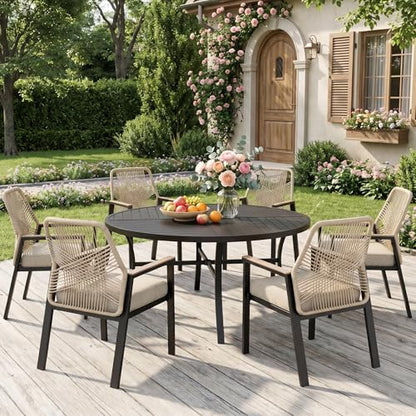 MIXPATIO 7 Pieces Round Outdoor Dining Set for 6, Patio Dining Set Wicker Rattan Chairs with Soft Cushion and 54" Round Table with Umbrella Hole, Round Patio Table and Chairs for Backyard Porch