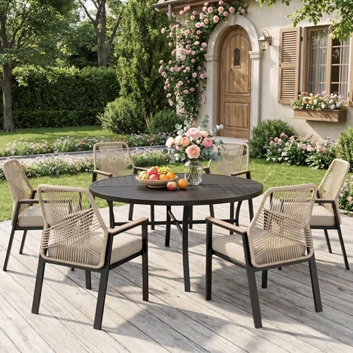 MIXPATIO 7 Pieces Round Outdoor Dining Set for 6, Patio Dining Set Wicker Rattan Chairs with Soft Cushion and 54" Round Table with Umbrella Hole, Round Patio Table and Chairs for Backyard Porch