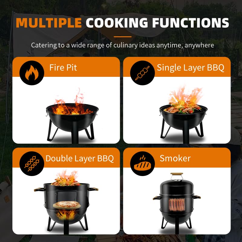 Joyagrill 17 Inch Porcelain-Enameled Charcoal BBQ Grill Smoker – Adjustable Temperature Vertical Smoker Gril for Outdoor Cooking, Smoking, Grilling – Portable Backyard Heavy Duty Barbecue Cooke, Black