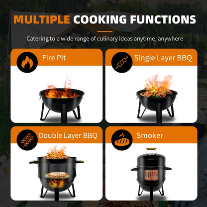 Joyagrill 17 Inch Porcelain-Enameled Charcoal BBQ Grill Smoker – Adjustable Temperature Vertical Smoker Gril for Outdoor Cooking, Smoking, Grilling – Portable Backyard Heavy Duty Barbecue Cooke, Black