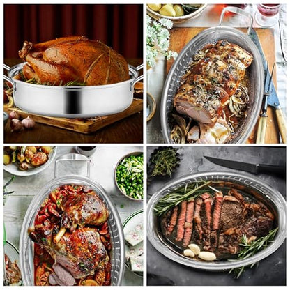 RIDGEPOLE 22” Large Roasting Pan with Rack and Lid, Stainless Steel Oval Roaster Pan, Nonstick Roasting Pan for Oven, Multi-Use Cookware for Turkey, Chicken, Gifts for Mom, Wife.(Sliver)