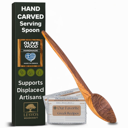 Olive Wood Serving Spoon - 10'' Artisan Utensil, Fair-Trade, Handcrafted Serving Utensils, Olive Wood Utensils, Wooden Cooking Spoon, Includes 2 Greek Recipes - LESVOS WOODCRAFT